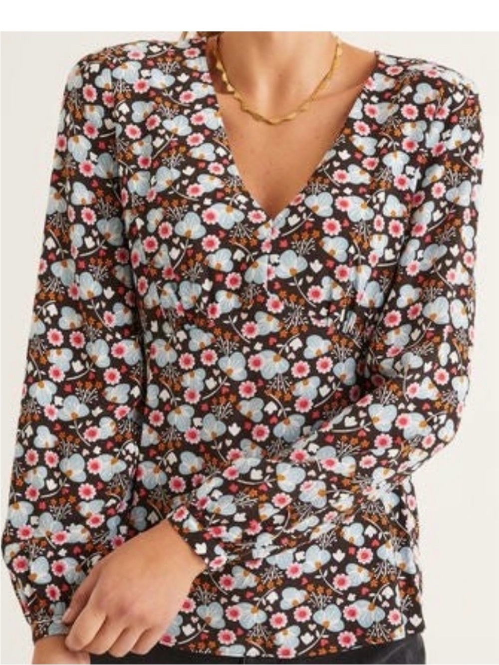 Boden Romantic Bloom Viola V-Neck Blouse in black. Women’s size 12R